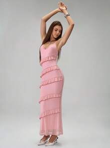 Calvaya Vestido ajustado sin mangas de unicolor con volantes