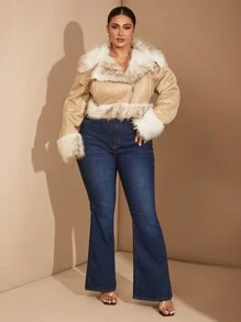 SHEIN BAE Cappotto oversize da donna in pelliccia sintetica, giacca in pelliccia morbida e soffice, con motivo sfumato astratto, giacca corta con colletto e orlo in pelliccia, cappotto invernale in montone - Albicocca - Visualizzare 9