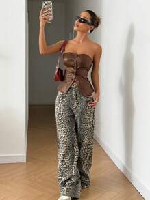 SHEIN EZwear Áo ống PU màu trơn cài nút phía trước cho nữ thường ngày - Cà phê nâu - Xem 5