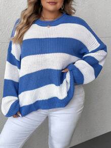 SHEIN CURVE+ Suéter holgado de mujer de punto, con cuello redondo, de rayas, elegante y versátil, talla grande, para invierno