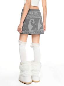 ROMWE Kawaii Cute Penguin Heart & Bow Decor Knit Sweater Mini Skirt