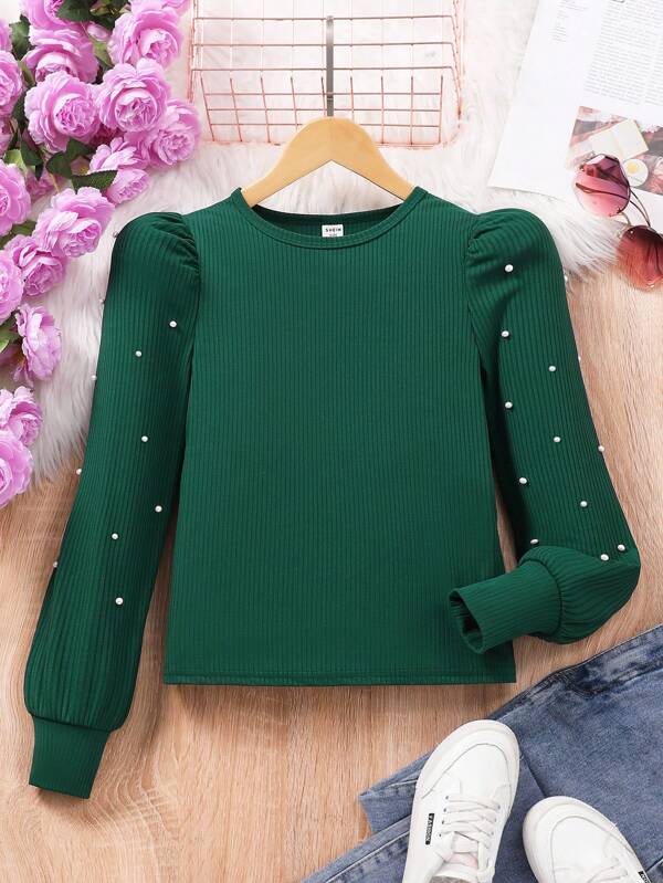SHEIN Tween Girl Beaded Puff Sleeve Casual Black Plain T-Shirt