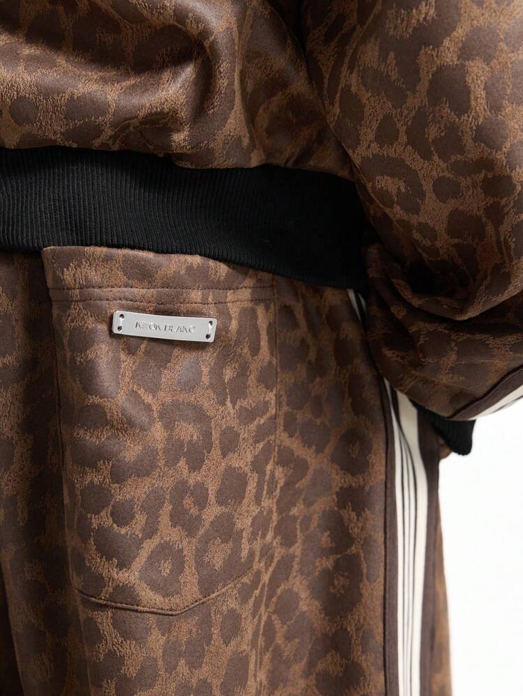 Men's Suede Send High Collar Half Open Leopard Print Jacket And Pants Set, For Fall Winter