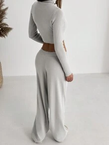 Aloruh New 2pcs Set High Neck Sweater Top With 3D Flower Decor And Straight Leg Pants, Versatile Fall/Winter Outfit - Grey - View 2