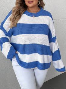 SHEIN CURVE+ Suéter holgado de mujer de punto, con cuello redondo, de rayas, elegante y versátil, talla grande, para invierno