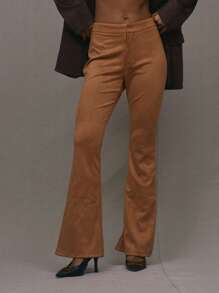 MUSERA Faux Suede Zip Fastening Flare Trousers 90's Summer Sexy - Brown - View 2