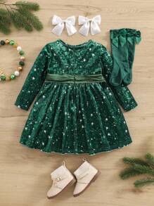 SHEIN Baby Girl Cute Green Velvet Sequin Pattern Long Sleeve Christmas Dress, Autumn/Winter