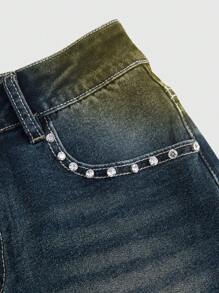 ROMWE Grunge Punk Y2K Style Sexy Cross Embroidery & Rhinestone Decor Ultra-Low Waist Women's Mini Denim Shorts - Blue - View 3