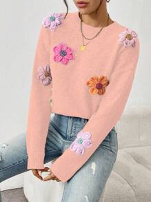 Chiquease Colorful 3D Floral Decor Loose Casual Crew Neck Sweater, Cute & Soft Style For Autumn/Winter Knit Pullover Fall - Baby Pink - View 7