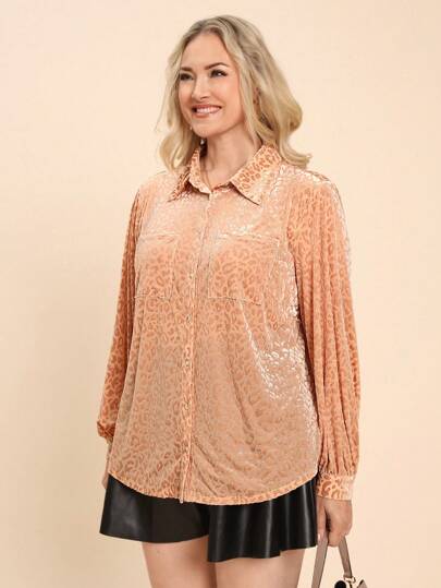 SHEIN LUNE Plus Size Women Leopard Print Long Sleeve Single-Breasted Pocket Casual Shirt, Autumn Plus Size Fall Clothes