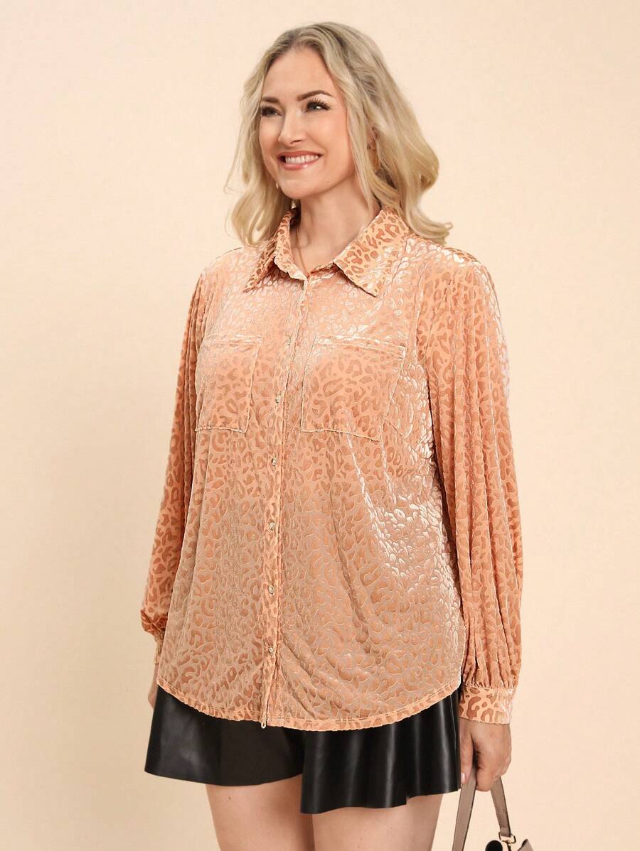 SHEIN LUNE Plus Size Women Leopard Print Long Sleeve Single-Breasted Pocket Casual Shirt, Autumn Plus Size Fall Clothes - Camel - View 1