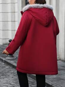 SHEIN Unity Plus Size Women Padded Hooded Coat, With Pockets, Loose Fit, Plush Patchwork Detail, Winter Clothes Fall Cloth For Women - Burgundy - View 2