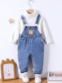 SHEIN Infant Girls Denim Bib Overalls - Medium Wash - View 3