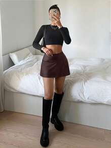 SHEIN EZwear Women Solid Color PU Leather Side Slit Fashion Culottes - Brown - View 5