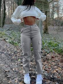 Casual Solid Color Multi Pocket Utility Pants - 淺灰色 - 查看 4