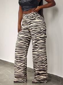 SHEIN Slayr 女士斑马纹口袋装饰宽松阔腿牛仔裤