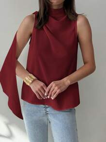 Aloruh Minimalist Commuter White Sleeveless Ruched H-Shaped Hem Woven Blouse For Women, Spring/Summer - Burgundy - View 5