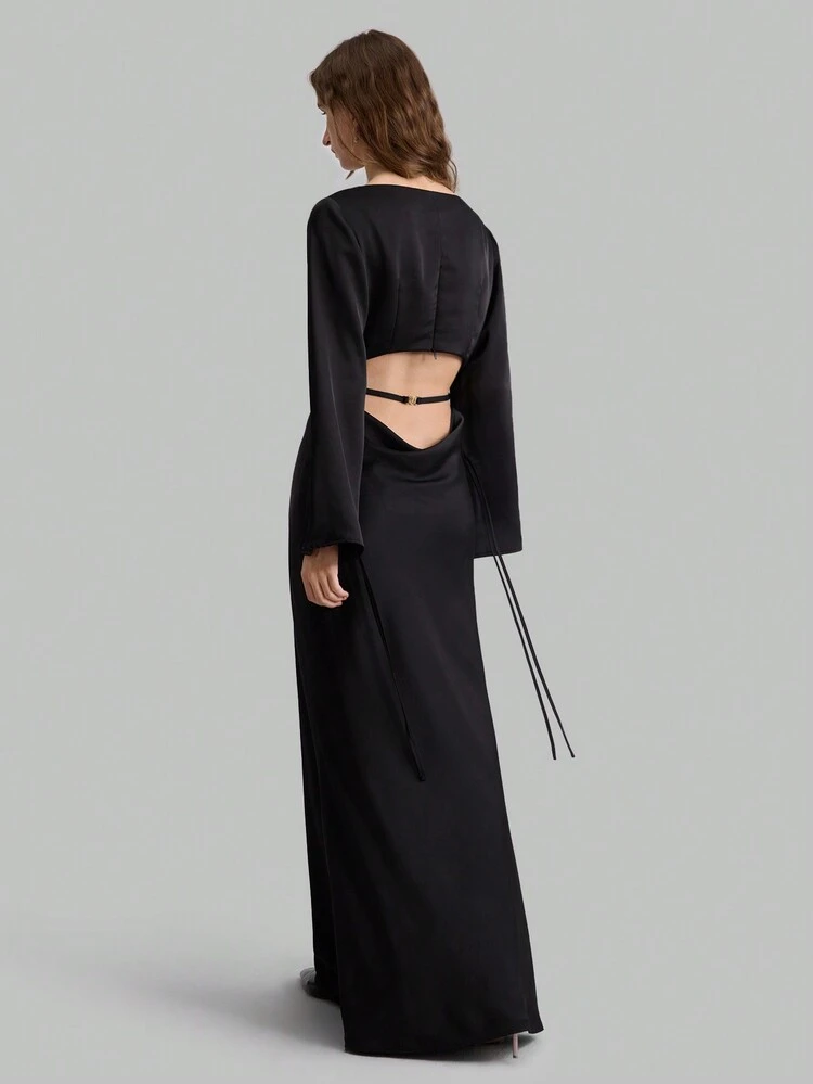 1pc Women's Plain Color Long Sleeve Waist Hollow Minimalist Extra Long Banquet Dress, Casual And Daily Wear