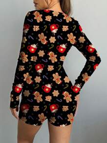 SHEIN Essnce Women's Cute Gingerbread Print Jumpsuit, Long Sleeve, Spring/Autumn