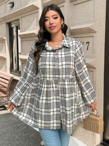 SHEIN LUNE 大码洋娃娃风格女式格子长袖休闲衬衫感恩节装扮节日装扮 - 彩色 - 查看 5