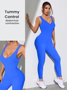 Easithlete 1pc Women Solid Color Sleeveless Simple Fitted Jumpsuit, Casual For Daily Wear - Blue - View 2