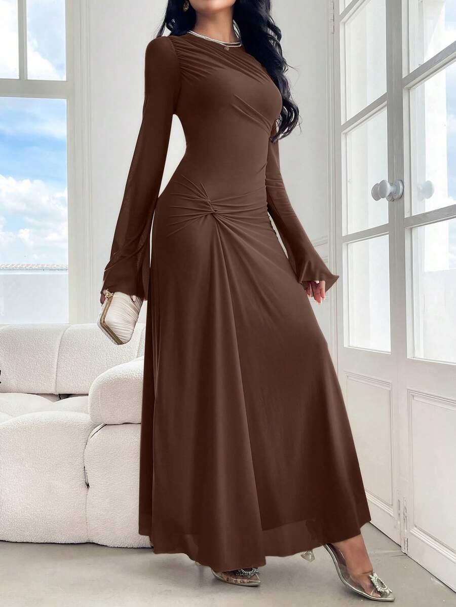 Modelyn 女士纯色圆领长袖扭腰优雅长款连衣裙晚礼服 - 咖啡棕 - 查看 1