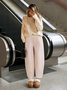 SHEIN Essnce Women's Solid Color Elastic Waist Pocket Wide Leg Loose Casual Pants