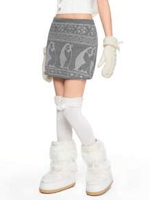 ROMWE Kawaii Cute Penguin Heart & Bow Decor Knit Sweater Mini Skirt