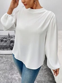 SHEIN Privé 大码女式优雅褶皱领褶肩长袖泡泡袖衬衫，适合工作和办公室穿着，秋冬季 - 白色 - 查看 7