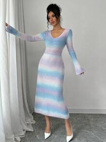 Elenzga 1 件女式修身 V 领渐变色针织毛衣裙（印花图案随机） - 彩色 - 查看 6