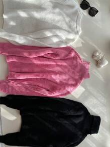 Chiquease 3件套女士基础款高领纯色长袖罗纹针织毛衣，休闲简约针织套头衫，秋冬季 - 彩色 - 查看 2