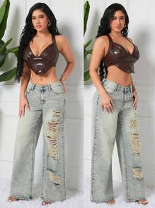 SHEIN SXY 女士休闲破洞阔腿宽松口袋牛仔裤