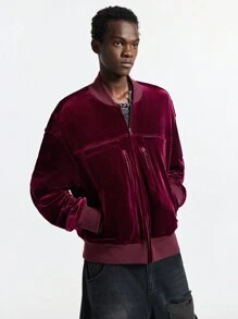 Manfinity VCAY Men's Red Velvet Zipper Casual Street Jacket, Long Sleeve For Autumn/Winter