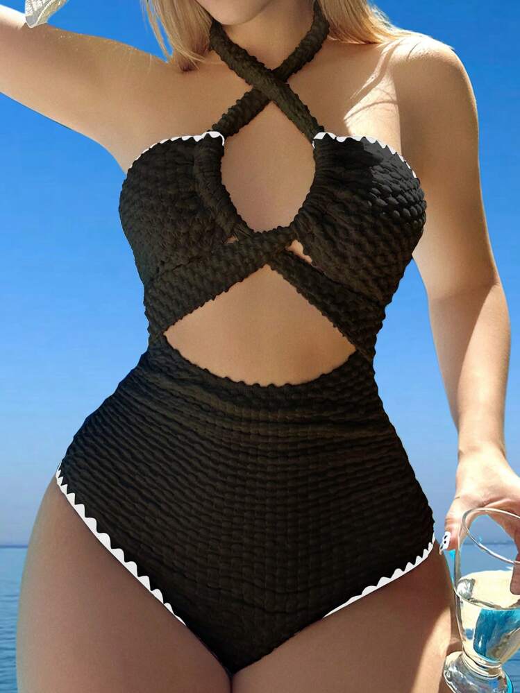 Swim Mod Traje de baño de una pieza con cuello halter, espalda descubierta y calados para mujeres, ideal para verano y playa - Negro - Añade 4