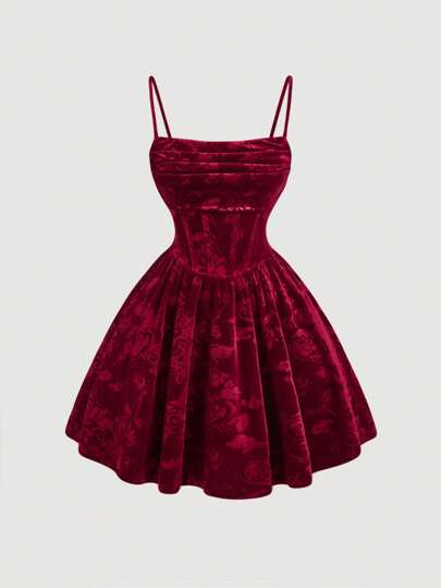 SHEIN MOD Vestido de terciopelo rojo con escote de tirantes finos, cintura fruncida y falda acampanada, vestido de fiesta para mujeres, vestido para fiesta de Año Nuevo, vestido de mujer para Año Nuevo, vestido para Nochevieja, vestido rojo de Año Nuevo, vestido para festividades, ropa de fiesta, vestido de Papá Noel, vestido burdeos