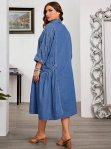 SHEIN CURVE+ Vestido de mezclilla para mujer de talla grande, con mangas fruncidas de moda, sin estiramiento
