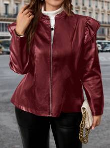 SHEIN Clasi Plus Size Women Casual Solid Color Layered Ruffle Trim Zip Up Coat, Winter - Burgundy - View 4