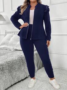 SHEIN Clasi 2 件套女士加大码优雅黑色长袖夹克配珍珠装饰和珍珠装饰裤子，适合派对和日常穿着，秋冬 - 藏蓝色 - 查看 5