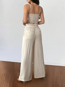 SHEIN PETITE 性感露背褶皱细肩带高腰直筒连体裤 - 咖啡棕 - 查看 2