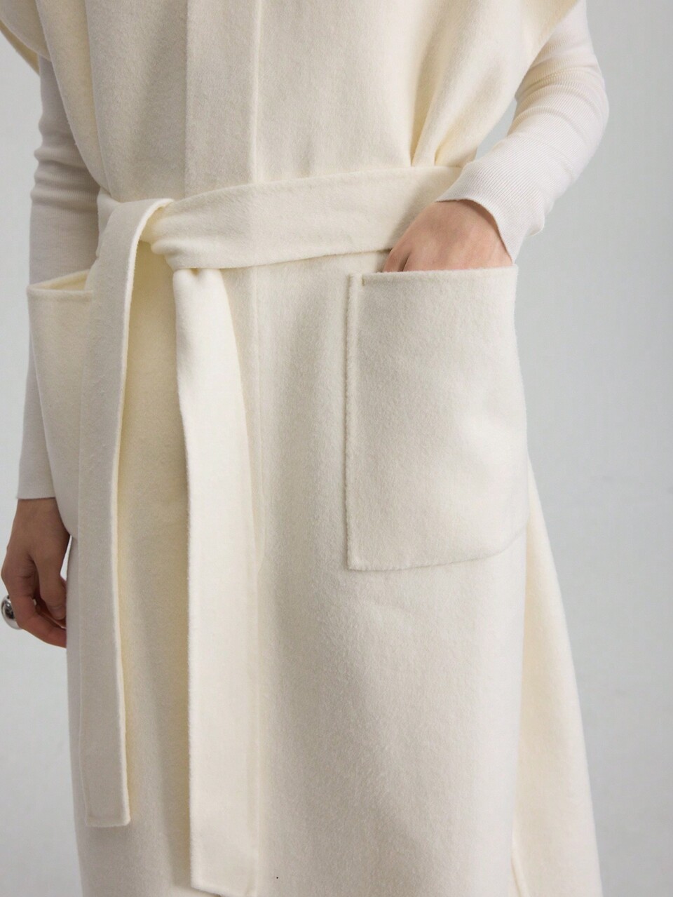 1pc High Quality Double-Faced Blanket Coat, Beige, Wide Lapel, Belted Waist With Pockets, Elegant Christmas Style, Autumn/Winter