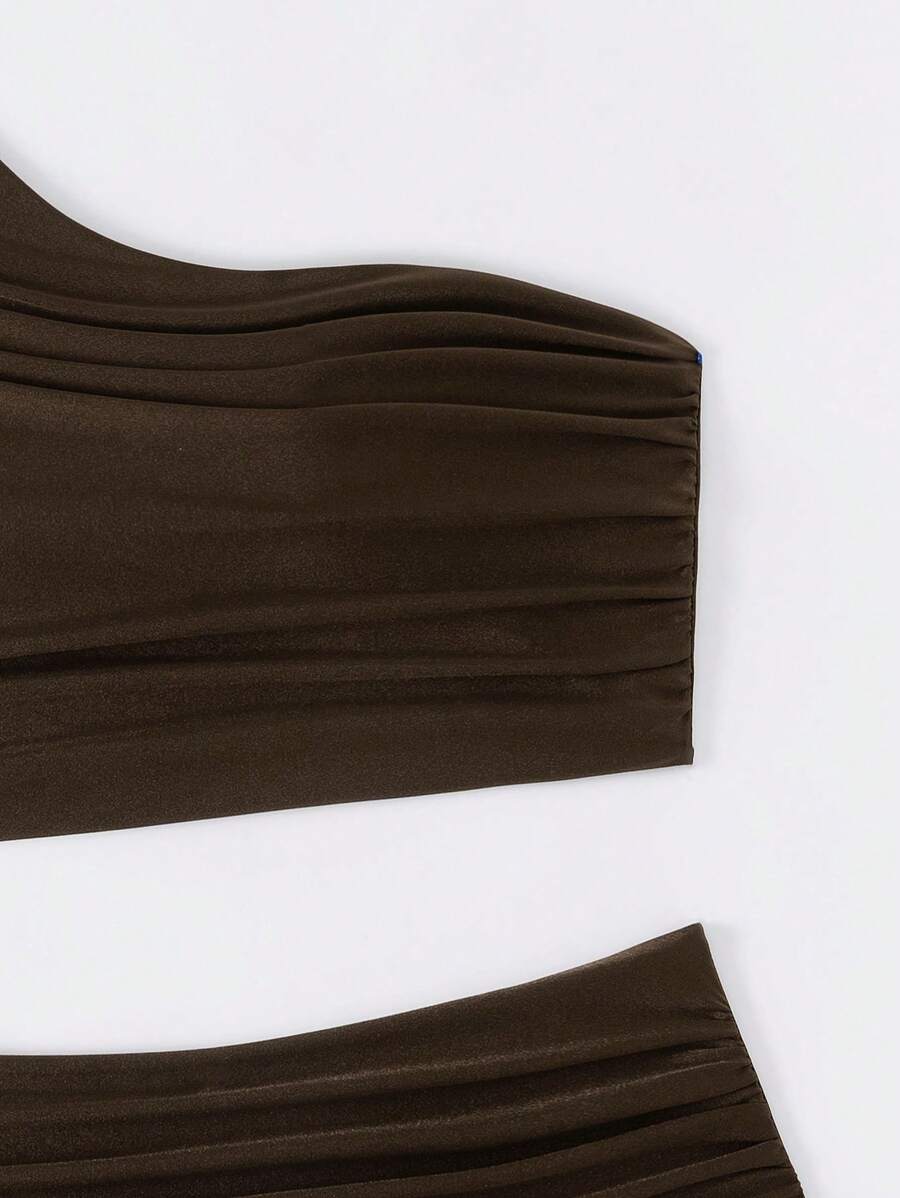 SHEIN Swim 2pcs/Set Women Solid Color Oblique Shoulder Sleeveless