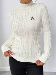 Calvaya Jersey de cuello redondo de unicolor con detalle de trenzado, top elegante con detalle de bordado, otoño/invierno