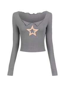 INAWLY Y2K Star Embroidery Textured Fabric Slim Fit Casual Women T-Shirt, Autumn/Winter
