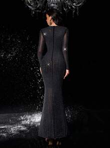 Glamrae 优雅黑色奢华全装饰可调节镂空系带透明长袖紧身及地美人鱼晚礼服，正式舞会礼服，适合婚礼嘉宾、毕业典礼、晚宴 - 黑色 - 查看 4