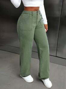 SHEIN Slayr Women's Solid Color Pocket Casual All-Match Straight Leg Jeans - Mint Green - View 1