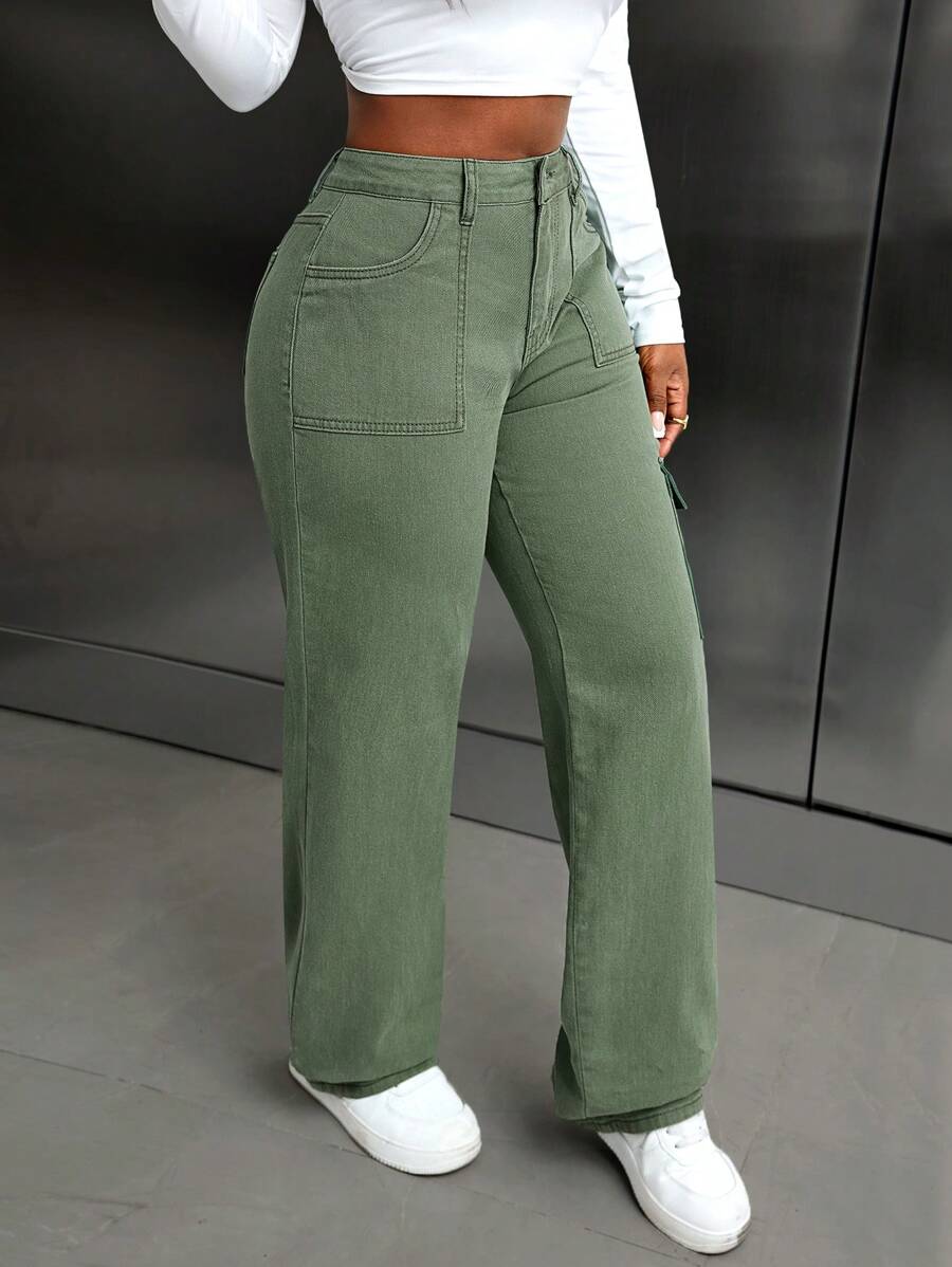 SHEIN Slayr Women's Solid Color Pocket Casual All-Match Straight Leg Jeans - Mint Green - View 1