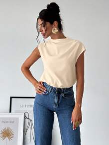 Firerie Áo sơ mi nữ đơn giản, thanh lịch, thời trang công sở, cổ đứng, vai lệch, xếp ly, tay ngắn, ôm dáng. - Màu Khaki - Xem 2