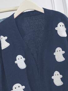 SHEIN ChicEase 复古哥特万圣节氛围刺绣多臂V领宽松针织毛衣外套秋冬欧美风 - 藏蓝色 - 查看 7
