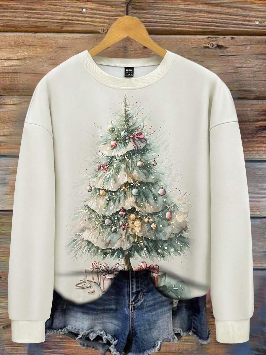 INAWLY Full Print Christmas Tree Pattern Round Neck Drop Shoulder Long Sleeve Long Christmas Sweatshirt For Women Pullover Fall Outfit - Multicolor - View 1