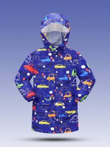 大童蓝色简约汽车图案印花连帽长袖雨披雨衣，户外雨衣 - 藍色 - 查看 1